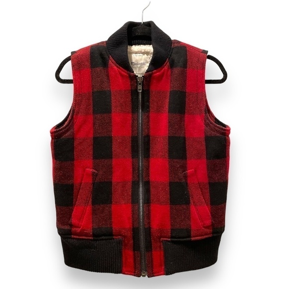 MADEWELL | Black & Red Wool Buffalo Plaid Sherpa Lined Vest | Size Small - Picture 4 of 12